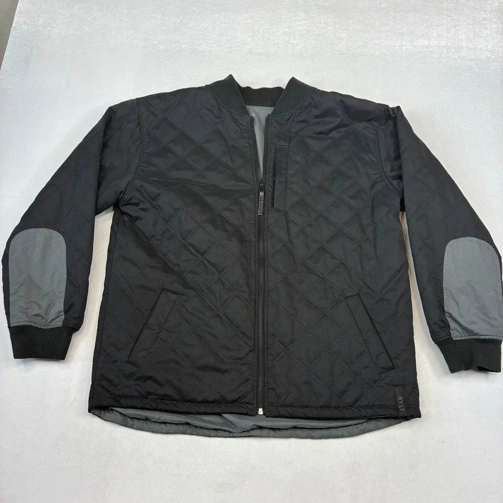 BYLT Bomber Jacket Mens XL Black Grey Reversible Quilted Full Zip Modern Coat